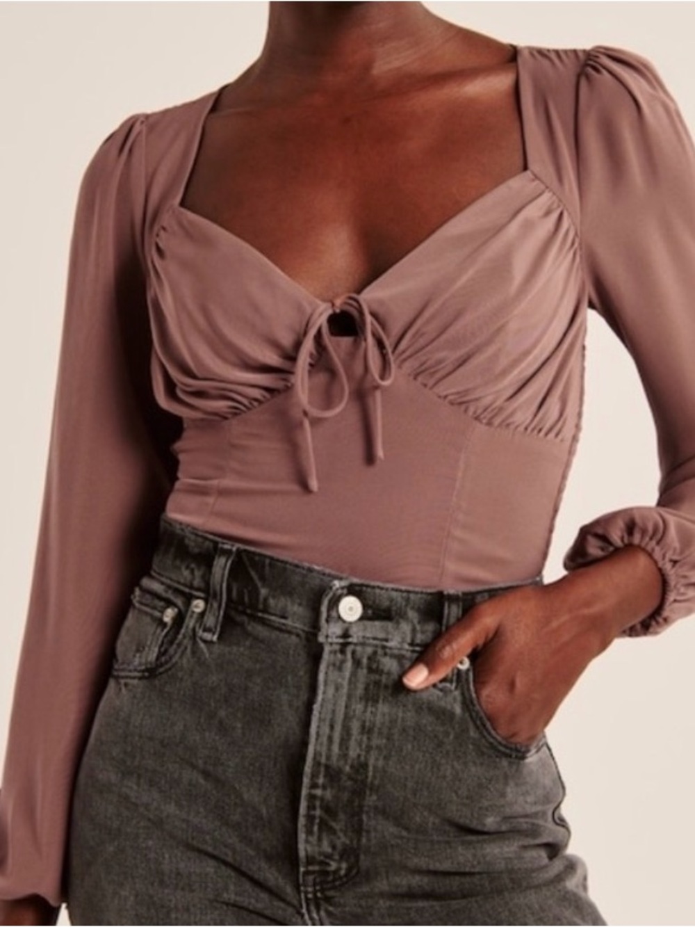 Abercrombie & Fitch Mauve Tie-Front Long Sleeve Bodysuit